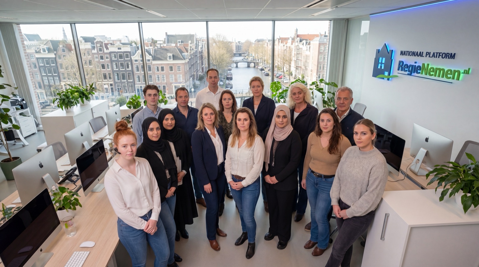 Groepsfoto van het multidisciplinaire Workforce-team rond de founders