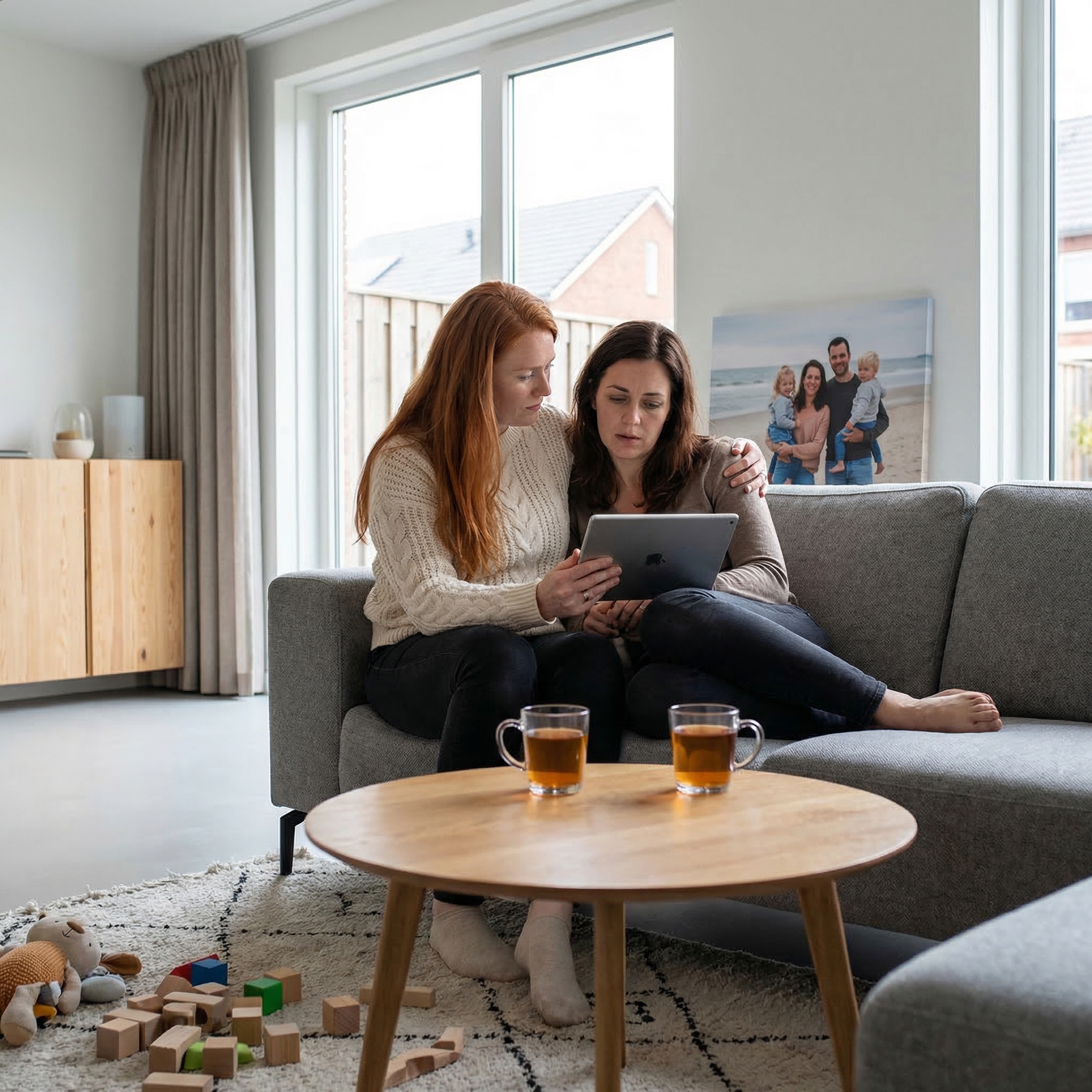 Twee vrouwen op een bank die samen naar een tablet kijken